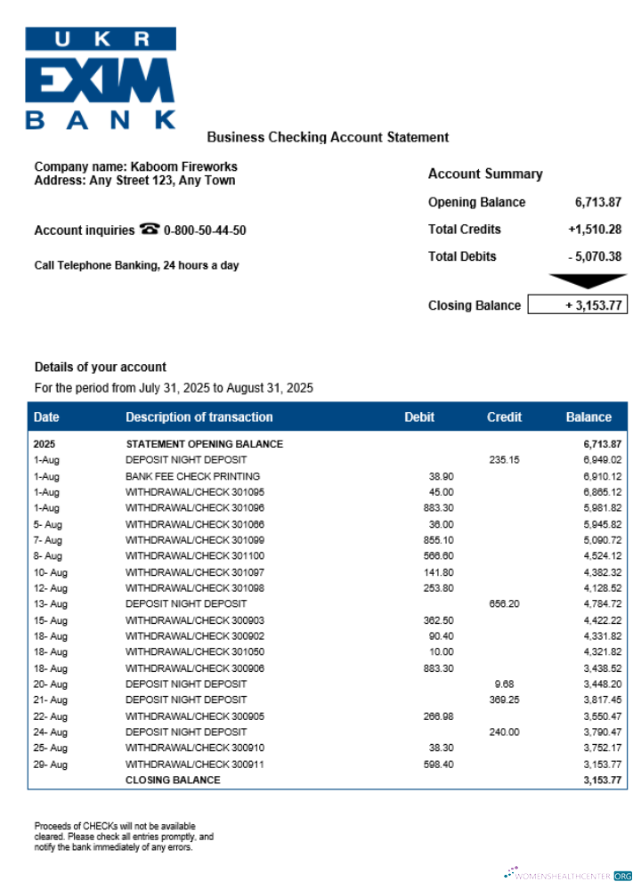 Ukrainian Ukreximbank business checking account statement Word and PDF template